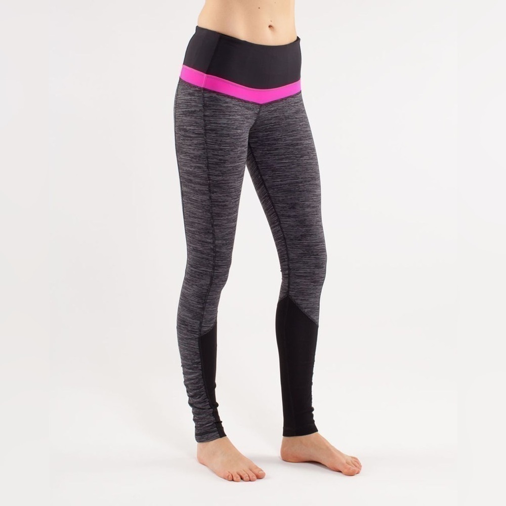 Lululemon Spirit Tight II hot pink black grey full length ruched size 6 EUC‍‍‍‍